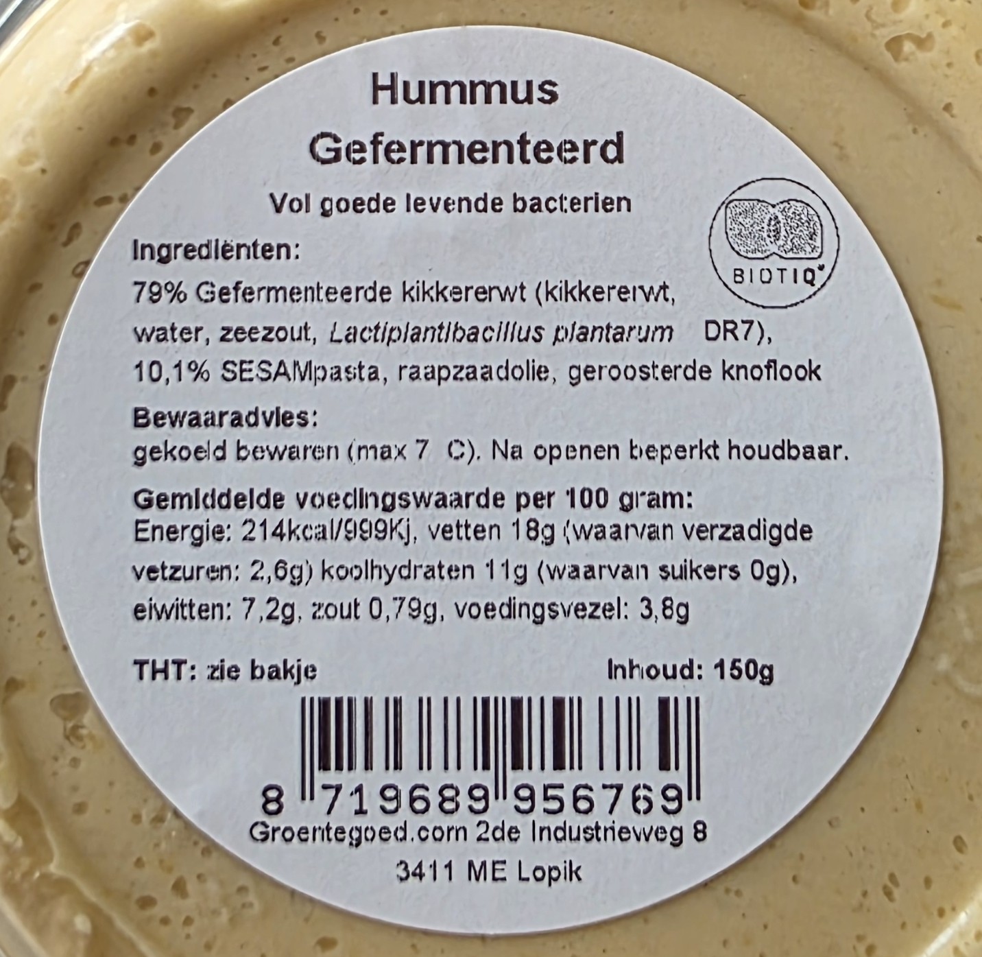 Hummus etiket met BiotIQ inside logo
